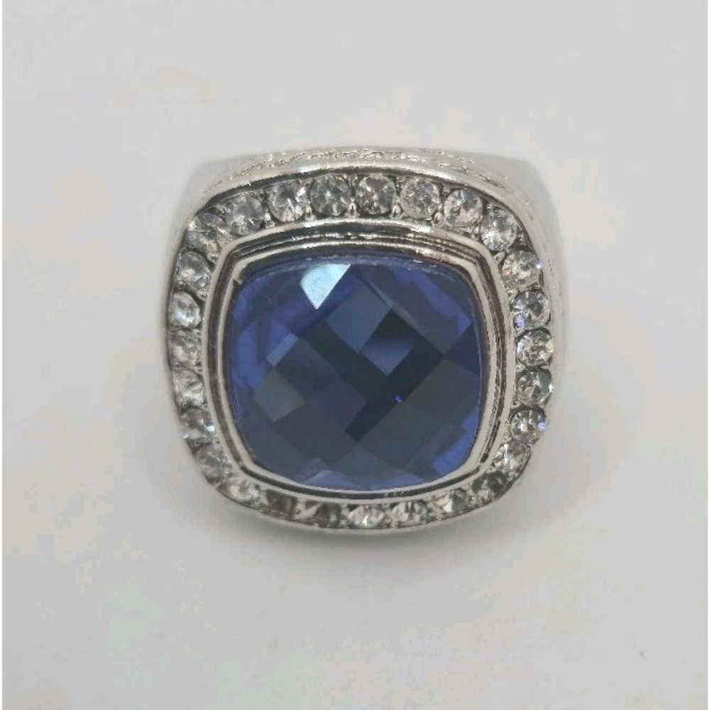 Sapphire Blue Crystal Cushion Cut Halo Cocktail Ring Silver Tone Size 9.5 VTG